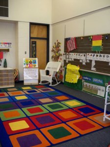 Whole-group area in ECE houses a word wall