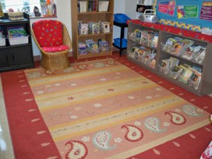 Lovely classroom library doubles as a whole-group area